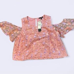 NWT Floral Embroidered Cold Shoulder Top Flutter Sleeve Top